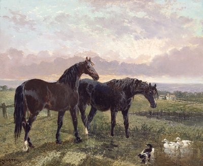 吃草在日落的两匹马 作者 John Frederick Herring Senior