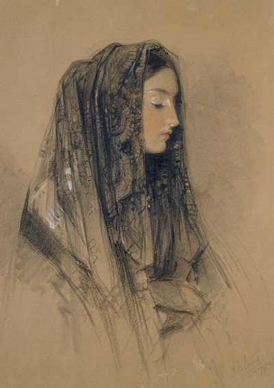 1838年，一位意大利女孩在曼蒂拉的头上（红色和黑色粉笔和印度墨水，水彩画和浅黄色的身体颜色） 作者 约翰·弗雷德里克·刘易斯
