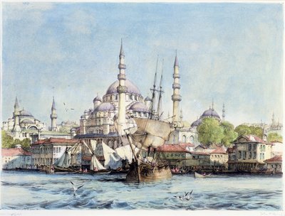 来自金角湾的Yeni Jami和St. Sophia，来自&39;君士坦丁堡插图&39;的9号板，由艺术家，酒吧刻。 1838 作者 约翰·弗雷德里克·刘易斯