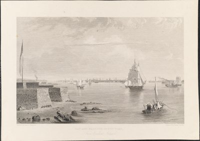 从贝德隆[Bedloe]岛看纽约的海湾和港口，由詹姆斯-斯米利雕刻，约1840年（雕刻）。 作者 约翰·盖茨比·查普曼