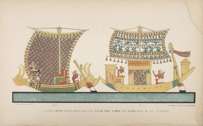 有色帆的船，来自底比斯的Remeses III墓，插图取自“古代埃及人的风俗”，1837-41年 作者 约翰·加德纳·威尔金森