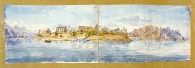 菲莱岛。约翰-加德纳-威尔金森（1797-1875 年），英国旅行家和考古学家，"英国埃及学之父"，水彩画。阿斯旺附近尼罗河上的古埃及神庙群 作者 约翰·加德纳·威尔金森