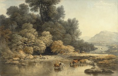 丘陵景观与河流和牛，1810年（在纸上的石墨wc） 作者 约翰·格洛弗
