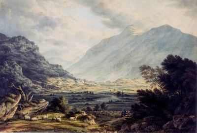 靠近 Capel Curig，可欣赏威尔士斯诺登山的景色，约 1793-1830 年（水彩画） 作者 约翰·格洛弗