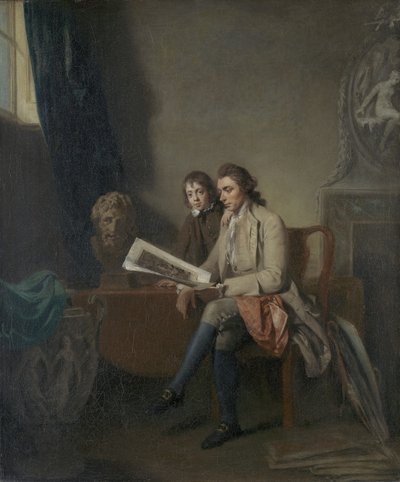 看印刷品的男人和男孩的画象，c.1765-70 作者 约翰·汉密尔顿·莫蒂默
