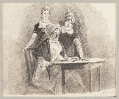 三个在一张桌子，一个坐着，1807（铅笔和纸上洗） 作者 约翰·哈登