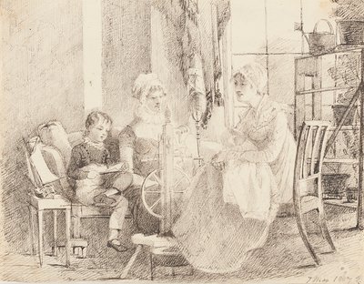 妇女在纺车和一个男孩用玩具船，1807年 作者 约翰·哈登