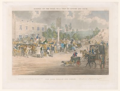 Cheam 区 The Lord Nelson Inn 酒店前繁忙街道的景观 尼尔森勋爵旅馆 (The Lord Nelson Inn)，奇姆（物品上的标题） Epsom 周围的街景（系列标题） 路上的场景，或前往埃普瑟姆的旅程（系列标题） 作者 约翰·哈里斯
