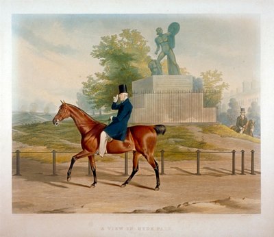 威灵顿公爵骑马经过伦敦海德公园的阿基里斯雕像，1844年。   作者 约翰·哈里斯