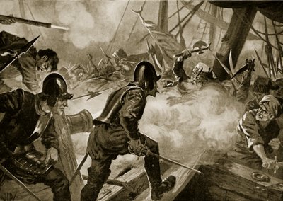 勒班陀战役，插图来自“哈钦森的民族史”，约 1915 年（石版画） 作者 约翰哈里斯瓦尔达