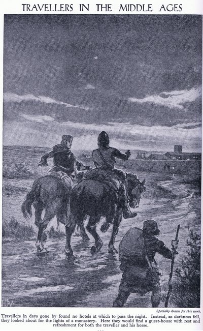 中世纪的旅行者。当黑暗降临时，旅行者会寻找修道院的灯光，c.1950 作者 约翰哈里斯瓦尔达