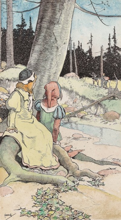林中婴儿，约 1900 年（纸上水彩、钢笔和墨水） 作者 约翰·哈索尔