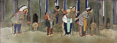 永无岛：红皮人保护孩子们免受海盗袭击，《彼得-潘》插图，约 1906 年 作者 约翰·哈索尔