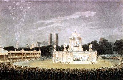 为庆祝拿破仑的失败而在绿色公园举行的烟花表演，由Matthew Dubourg pub刻制。1814年（雕版画 作者 约翰·海维赛德（后）克拉克