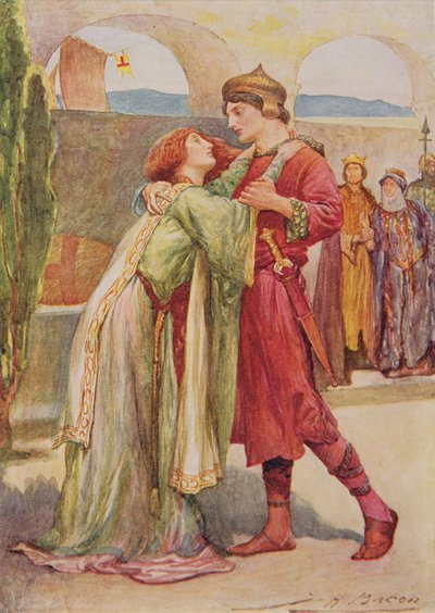 来自莎士比亚儿童故事的Cymbeline中的Posthumus和Imogen，来自Edith Nesbit（1858-1924）pub。作者：Raphael Tuck＆Sons Ltd.，伦敦（书籍插图） 作者 John Henry Frederick Bacon