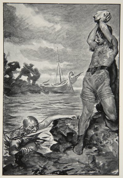 Thorbion从1910年MI Ebbutt的“英雄种族的英雄神话和传说”中抬起了巨大的石头 作者 约翰·亨利·弗雷德里克·培根