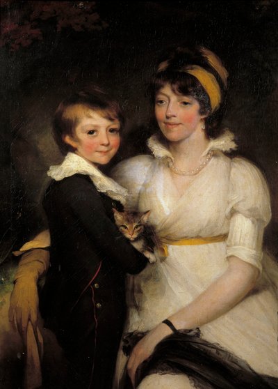 约翰·霍普纳（John Hoppner，1758-1810 年）画的年轻女子和小男孩抱着一只猫 作者 约翰·霍普纳