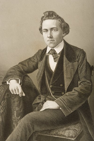 保罗·查尔斯·莫菲（Paul Charles Morphy，1837-84），由DJ Pound在1860年伦敦出版的“杰出人物的绘画室”第2卷上的一张照片上刻。 作者 约翰·贾比斯（John Jabez）Edwin Paisley Mayall