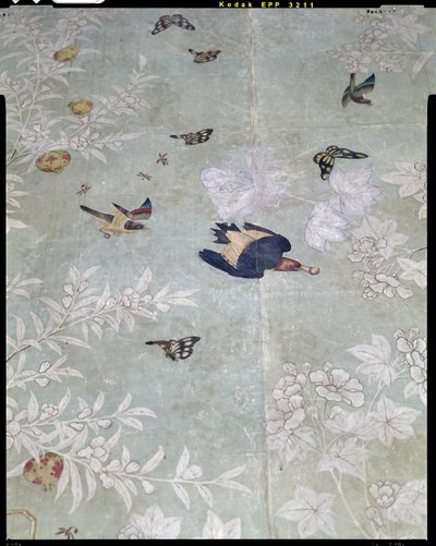 一只红头啄木鸟，从《美国鸟类》中剪下来贴在手绘的中国壁纸上（拼贴） 作者 约翰·詹姆斯·奥杜邦