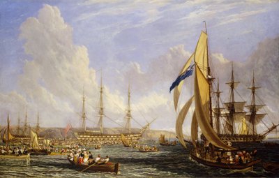 1815 年 8 月，普利茅斯（英格兰）前的海上风光。布面油画 作者 约翰·詹姆斯·沙隆