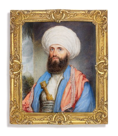 詹姆斯·希尔克·白金汉（James Silk Buckingham，1786-1855年），身穿白衬衫，浅蓝色外套，肩膀上有粉红色刺绣的披肩，白色头巾，匕首固定在他的腰带，清真寺的风景背景 作者 约翰·尤克斯