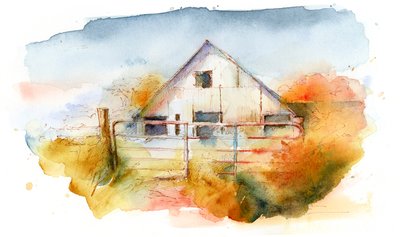 谷仓在普莱森特山2，2016年，（水彩） 作者 约翰·基林
