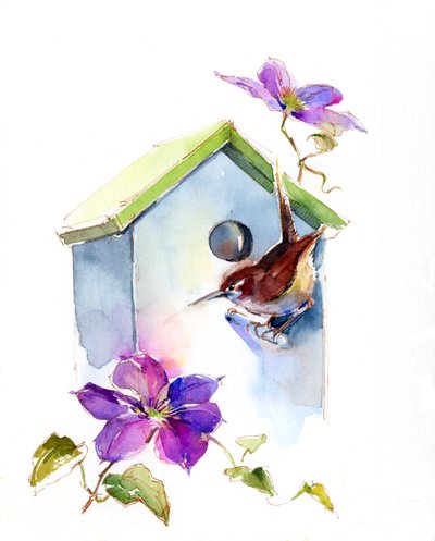 W with with birdhouse and irmatis，2016，（watercolor） 作者 约翰·基林