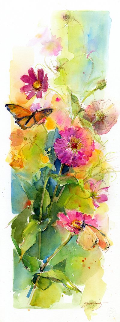 百日草和蝴蝶，2015，（水彩） 作者 约翰·基林