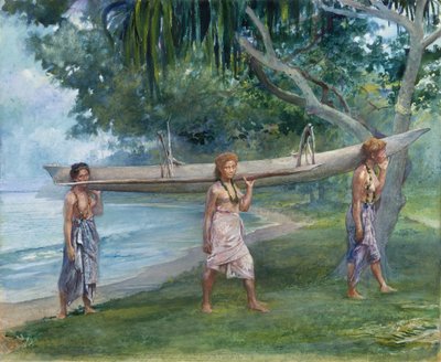 携带独木舟的女孩，萨摩亚的瓦伊拉，1891年。 作者 约翰·拉法格