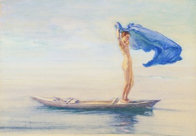 独木舟的女孩在帆船上传播她的腰部布料，萨摩亚，c.1895-96（船上的水粉和水粉） 作者 John La Farge或Lafarge