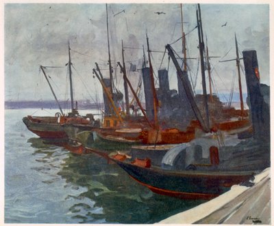 港口的扫雷舰，来自前线的英国艺术家，1918年的西线的延续 作者 约翰·拉维里