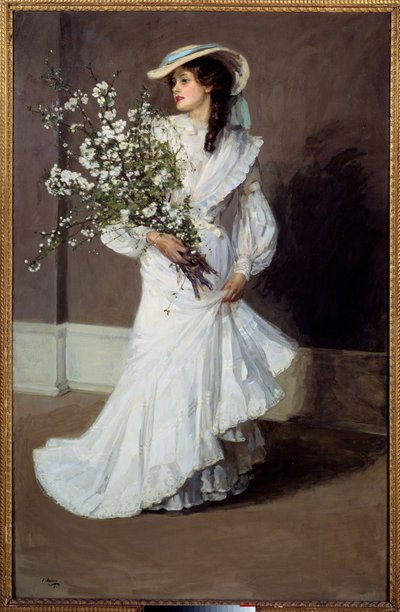 春天春天的寓意：白衣女子与花束的肖像。约翰-拉弗里爵士（1856-1941 年）的画作 作者 约翰·拉维里