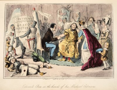 爱德华的手臂在他的医学顾问手中，选自《英国漫画史》，1864 年出版。1864（手工彩色蚀刻版画） 作者 约翰·里奇