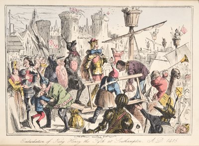 公元1415年，在南安普敦登上亨利五世，来自英国漫画史上的酒吧。 1864年（手工彩色蚀刻） 作者 约翰·里奇
