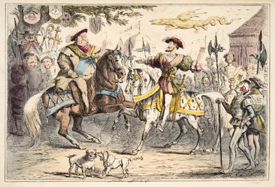 亨利八世会见弗朗西斯一世，来自英国漫画史上的酒吧。 1864年（手工彩色蚀刻） 作者 John Leech