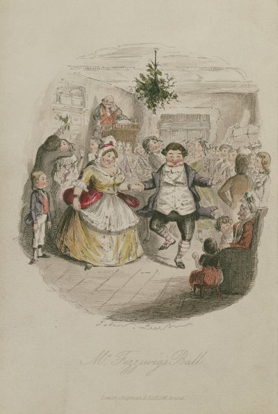 Fezzywigs Ball先生，来自查尔斯狄更斯（1812-1870）的A Christmas Carol插图，pub.1843（手工彩色雕刻） 作者 John Leech
