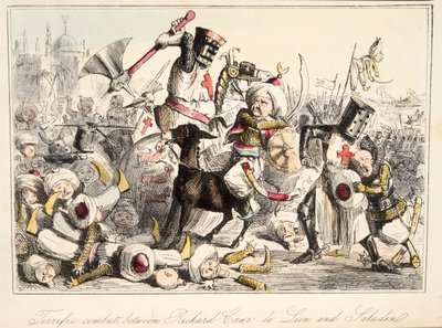 Richard Coeur de Lion和来自英国漫画历史的萨拉丁之间的绝佳战斗，酒吧。 1864年（手工彩色蚀刻） 作者 John Leech