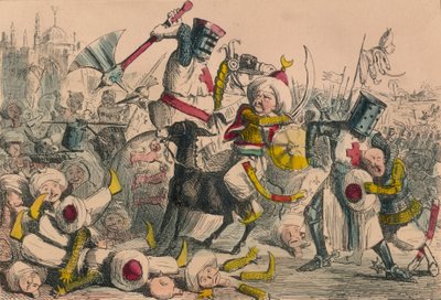 理查德·库尔·德·里昂（Richard Coeur de Lion）和萨拉丁（Salatin）之间的激烈战斗，1850年 作者 约翰·里奇和吉尔伯特·雅培·贝克特