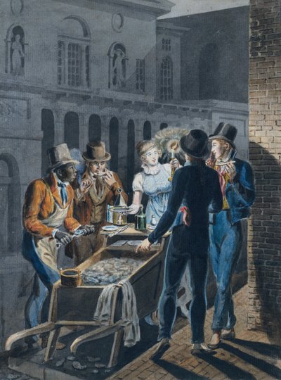 费城的夜生活--栗子街剧院前的牡蛎桶，1811-约1813年。 作者 约翰·刘易斯·克里姆梅尔
