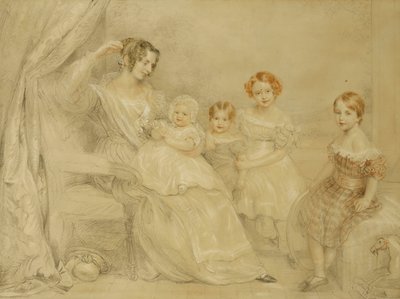 WS Fry夫人和她的四个孩子的画像：艾玛，威利，朱莉和乔治娜，坐在室内，1840年 作者 约翰·林内尔