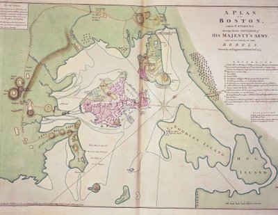 波士顿及其周边地区的平面图，显示英军和美国叛军的位置，1775 年 10 月绘制，印在《北美地图集》上 作者 约翰·洛奇