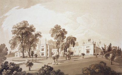农舍的视图与屏幕到马厩和农场建筑到Sezincote House，由Frederick Christian Lewis Snr雕刻。 （1779-1856），c.1817-18（sepia aquatint） 作者 John Martin