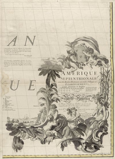 美国1756年英国和法国统治地图（在纸上刻有轮廓颜色） 作者 约翰·米切尔