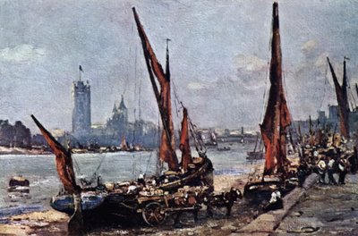 从沃克斯豪尔（Vauxhall）远眺议会大厦（彩色石版画 作者 约翰·缪尔黑德