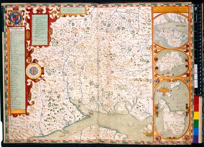 Add.31853, ff.23-24, 汉普郡南安普顿：描述，J. Norden 著，附地图：1595 年（彩色雕刻） 作者 约翰·诺斯