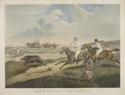 猪狩猎：疲倦的猪，由SW Fores（1785-1825）c.1840（手工色的aquatint）刻 作者 约翰·普拉特