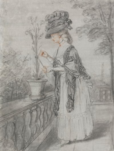 露台上照料康乃馨植物的女士 作者 约翰·拉斐尔·史密斯
