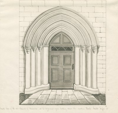 Uttoxeter Church - South Door: pen and wash drawing, nd [?mid 19th cent] (drawing) 作者 约翰·罗伯特·弗尼霍夫