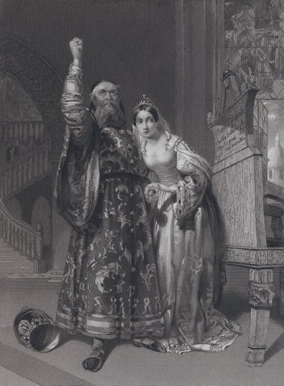 Marino Faliero，威尼斯总督，威胁要报复诽谤他的妻子 Aluycia Gradenigo（雕刻） 作者 约翰·罗杰斯（后）赫伯特