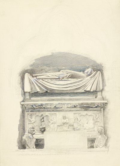 Cangrande I della Scala 墓的石棺和雕像，维罗纳，1869 年 5 月 21 日至 7 月 1 日（编织纸上的石墨、水彩和体色） 作者 约翰·拉斯金